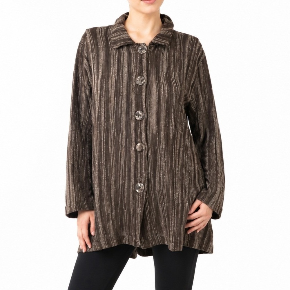 Nino Wong Jacket Womens L Brown Striped Artsy Lagenlook Textured Knit Earthy